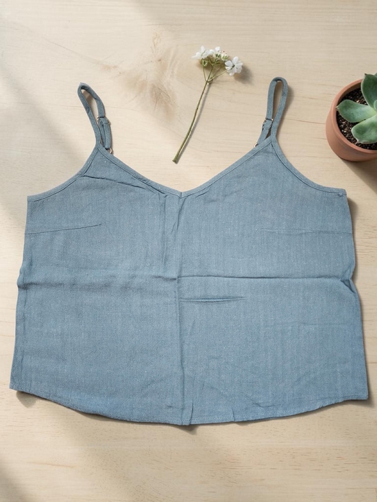 anrabess Tops - Teal Blue Crop V-Neck Adjustable Strap Camisole